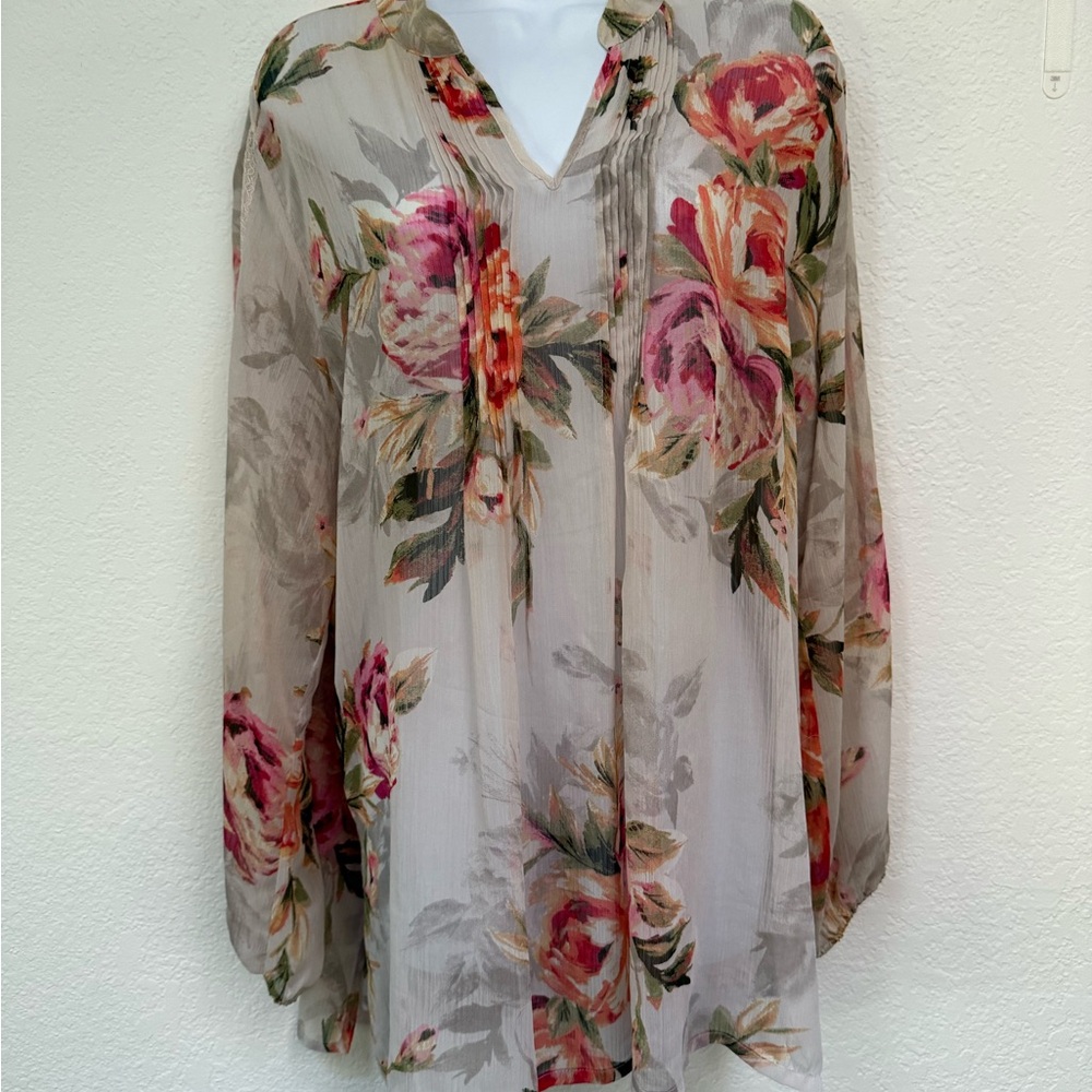 Susan Graver Cream and Pink Long Sleeve sheer Blouse size L